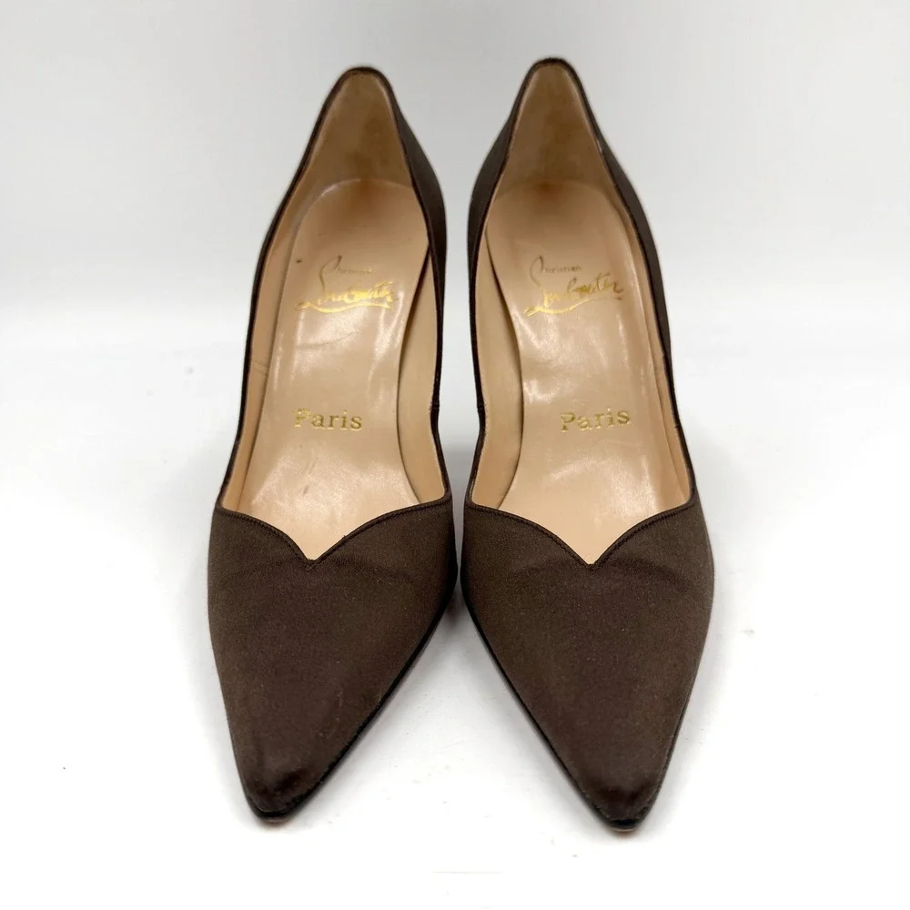 Christian Louboutin Veee Pumps Brown Satin V-Cut Pointed Toe Heels 36 / 6